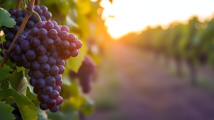 Ripe purple grapes hanging on vine in vineyard at golden hour sunset with warm sunlight and bokeh background for wine industry and harvest concepts.