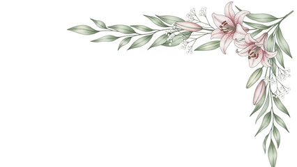 Minimal watercolor botanical corner design with lilies and baby's breath in sage green and blush isolated on white background