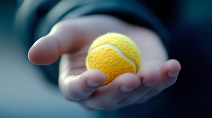 Hand holding bright yellow tennis ball with protective gesture against blurred background for sports and recreation concepts.
