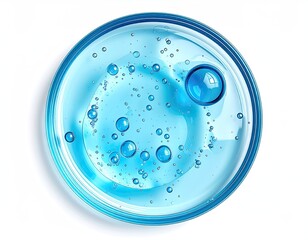 Blue liquid with bubbles in petri dish, clear background