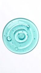 Circular, translucent blue gel with bubbles on white