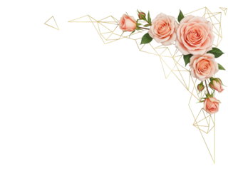 Modern geometric floral corner with peach roses and gold lines isolated on white background