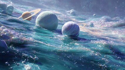 Giant Icy Planets With Rings Submerged In A Vibrant Turquoise Sea Under A Soft Morning Light