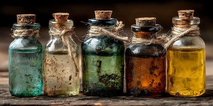 Five vintage glass bottles with cork stoppers containing colorful magical potions and herbs for fantasy alchemy and witchcraft brewing concepts.