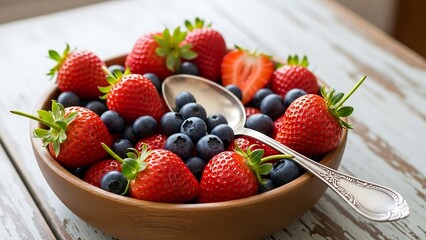 Fresh strawberries and blueberries in bowl.
