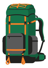 Naklejka premium Green hiking backpack with orange straps and gray pockets Isolated transparent background ( include cut-out PNG file )