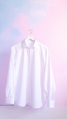 Shirt hung; pastel pink/blue cloud background