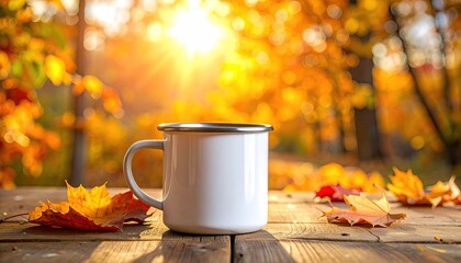 White mug, fall leaves, sunlit autumn forest scene
