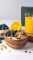 Healthy breakfast bowl with fruit, yogurt, & juice
