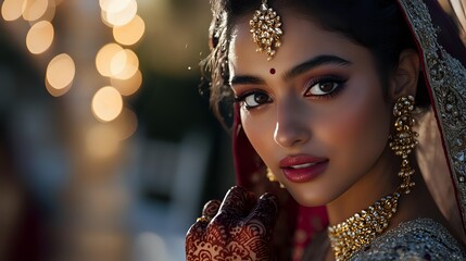 Young South Asian bride in traditional wedding attire with gold jewelry and henna designs against warm bokeh lights for bridal photography concepts.