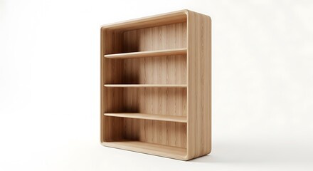 Modern wooden bookcase with four shelves on white background