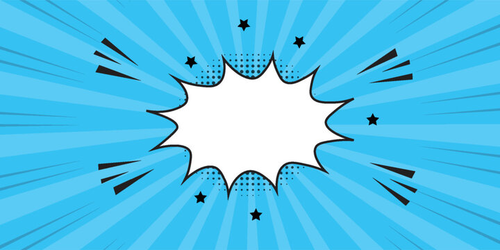 Pop art halftone background. Comic starburst pattern. Blue banner with star speech bubble. Vintage duotone texture. Gradient wow design. Cartoon superhero print. Vector illustration.