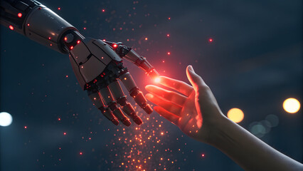 Robot Hand Touching Human Hand in Futuristic Scene