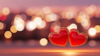 Red heart glowing on a festive Christmas tree lights bokeh background with romantic holiday mood