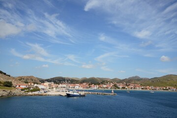 Fototapeta premium Lemnos island myrina harbor with boats and aegean sea