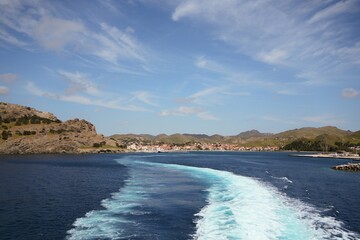 Ferry wake traveling towards mirina town, lemnos island