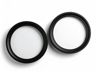 Two black, round frames on a white surface
