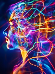 Radiant Profile: A luminous depiction of a face interwoven with vibrant strands of light.