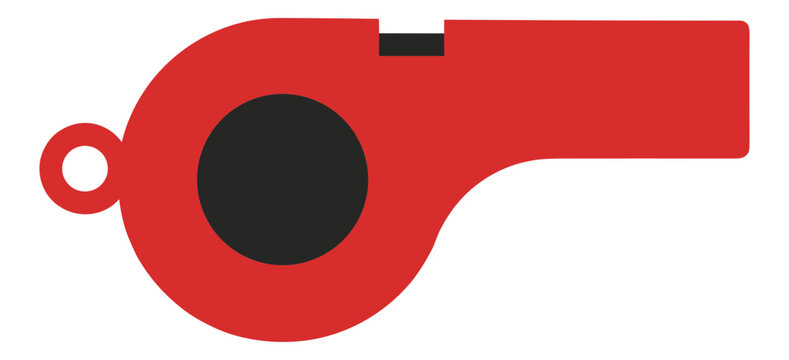 A simple red and black cartoon coach whistle with a key ring attachment hole .Isolated transparent background ( include cut-out PNG file )
