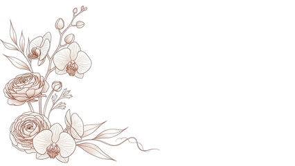Minimal watercolor corner design featuring orchids and ranunculus in muted terracotta isolated on white background