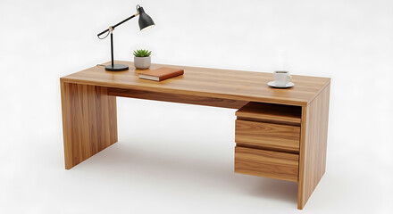 Modern wooden desk with storage and office essentials
