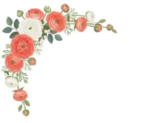 Whimsical ranunculus floral corner frame in coral and peach colors isolated on white background