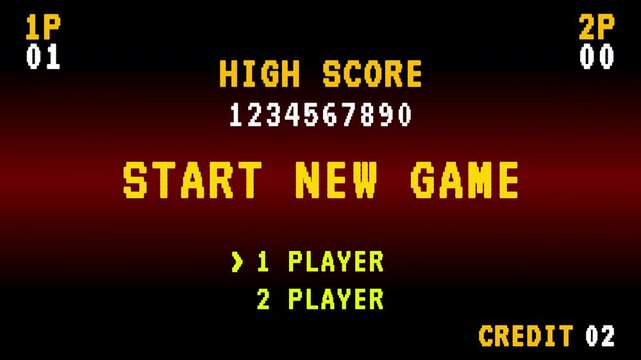 START NEW GAME,pixel art .8 bit game.with the words high score and player 1 and 2, Classic video game intro, Vintage game UI .4k video.	
