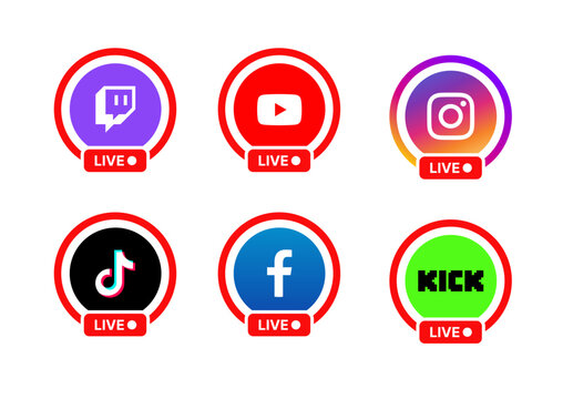 Live Stream Badge set for social media platforms including YouTube, Instagram, X, Facebook, TikTok, Twitch, Discord, Vimeo, and Kick, vector design for online streaming UI.