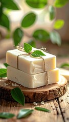 Natural soap stack on wood slice, leaves framing