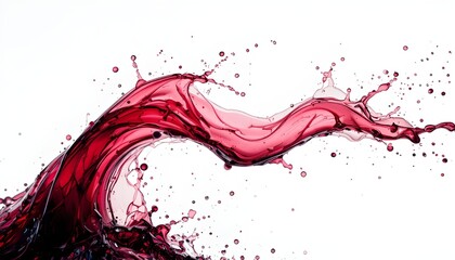  
Red wine splash frozen mid-air, dynamic swirling motion with droplets and arcs, rich deep ruby color, realistic liquid texture and translucency, high-speed photography style, sharp focus, studio lig