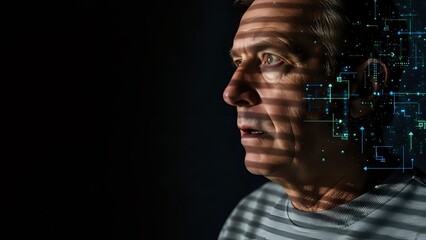Middle-aged Caucasian man with digital circuit board projection on face representing artificial intelligence and technology integration in modern society.