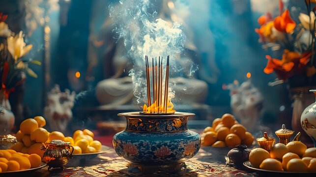 Burning incense sticks in ornate bowl with smoke rising, surrounded by oranges and autumn leaves in warm sunlit temple setting for meditation and spirituality. - Powered by Adobe
