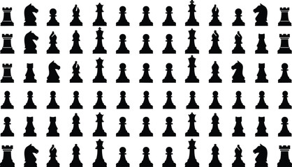 Black chess piece silhouettes collection, chess icons set on white background, strategy game vector illustration, king queen rook bishop knight pawn icons, competition concept © Abida