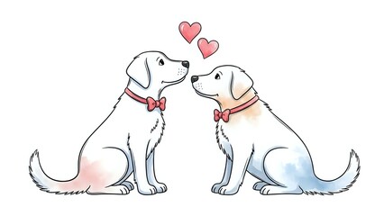 Obraz premium Two adorable white puppies sitting together with red hearts floating above, wearing matching red bow ties on transparent background for design use.