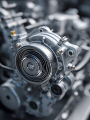 Fototapeta premium Detailed view of a modern metallic automotive engine component showcasing intricate mechanical parts and polished surfaces in a high-tech setting