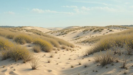 An inland dune grassland landscape illustration background with sparse vegetation and open sky