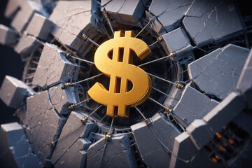 Golden Dollar Symbol Held in Tension Inside Cracked Concrete Structure, generative ai