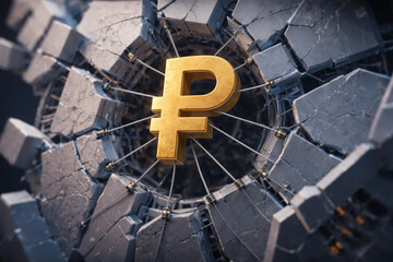 Golden ruble Symbol Held in Tension Inside Cracked Concrete Structure, generative ai