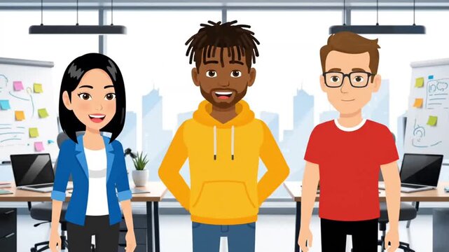 Smiling business people and diverse office teams including a fashionably dressed woman and standing father figure join in an artful vector illustration drawing of a collaborative professional family