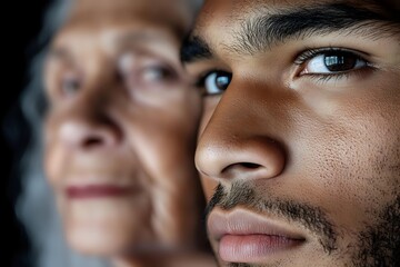 Young Hispanic man and elderly Caucasian woman close-up portrait showing intergenerational connection and family bond between grandson and grandmother.