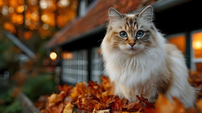Fluffy ragdoll cat with blue eyes sitting among autumn leaves near cozy house with warm lights creating magical seasonal atmosphere for pet lovers. - Powered by Adobe