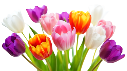 Colorful bouquet of tulips, purple, pink, white, orange, isolated on transparent background