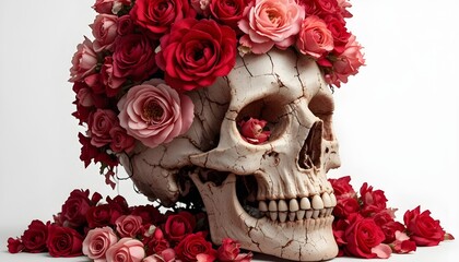  
Human skull filled with blooming roses, vibrant red and soft pink rose flowers emerging from the eye sockets and crown, detailed bone texture with natural cracks, fresh petals with delicate layers, 