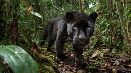 Fototapeta premium Close-up portrait of a black panther emerging from a dense, vibrant green jungle, with intense eyes.