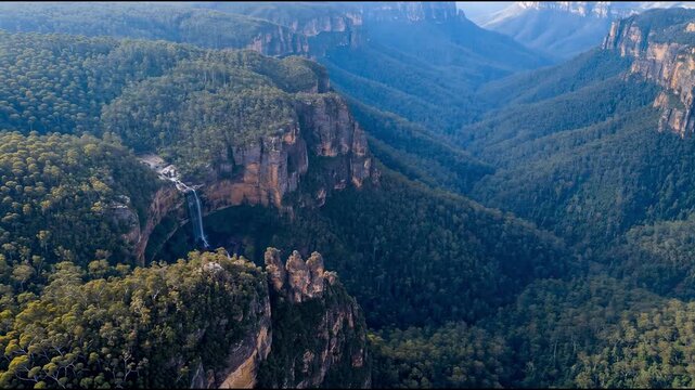 Aerial View of Blue Mountains Australia top down view forest valleys cliffs eucalyptus Scenic Travel Destination Landmark 4K UHD Video Footage