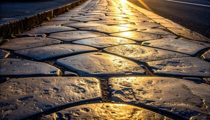 Curved stone road gleams with golden sunlight
