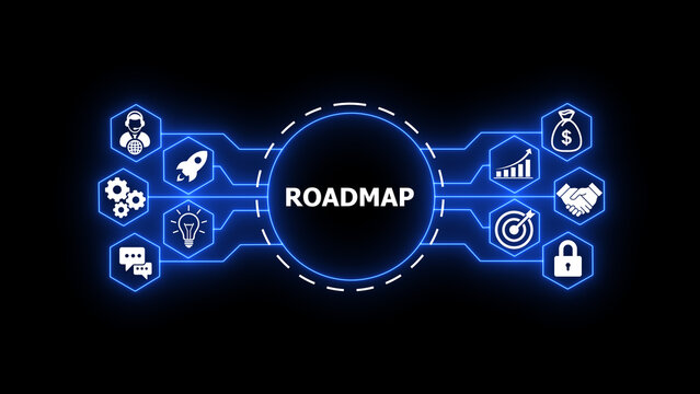 Futuristic glowing neon roadmap interface on dark background. Digital  style business roadmap visualization with technology icons, target, growth chart, finance, security and strategy elements. 