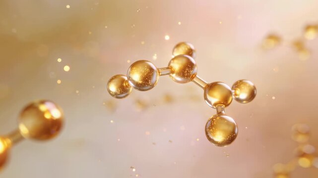 Luxury skincare science visual with golden Vitamin E molecule, elegant gradient, soft cinematic lighting, pastel gold tones, premium cosmetic biotechnology aesthetic.