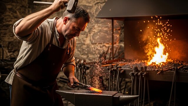 Man working in a blacksmith workshop. - Powered by Adobe