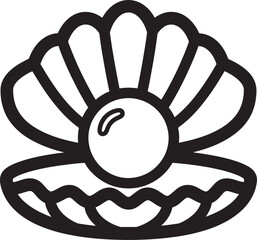 A simple black and white illustration of an open oyster shell with a pearl